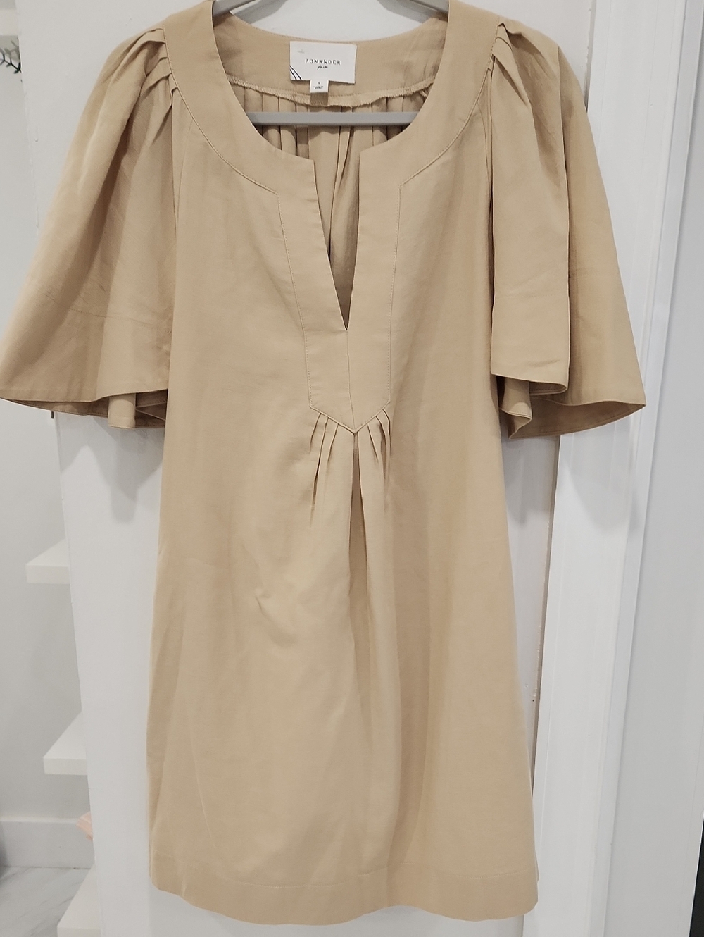 POMANDER place Tan V-Neck Short Sleeve Mini Dress